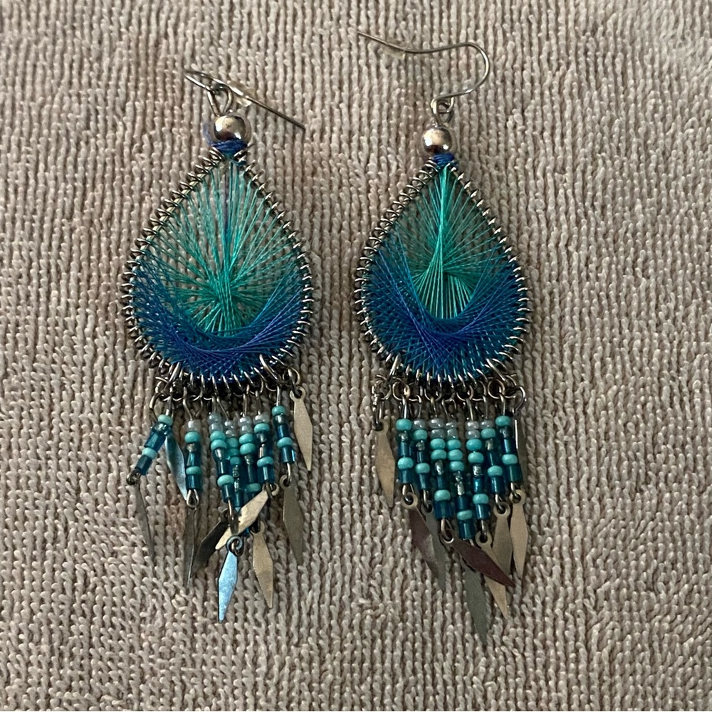 Dangle Earrings 2.5”H Turquoise String Teardrop & Silver Feathers Southwest New